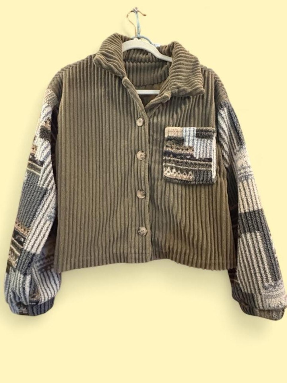 Olive Corduroy Jacket with Patterned Sleeve Accents